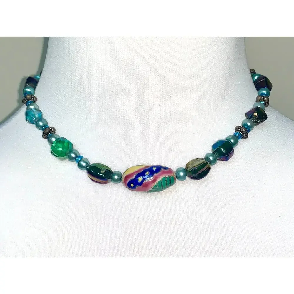 Boho Colorful Painted Iridescent Glass Beaded Choker Statement Necklace